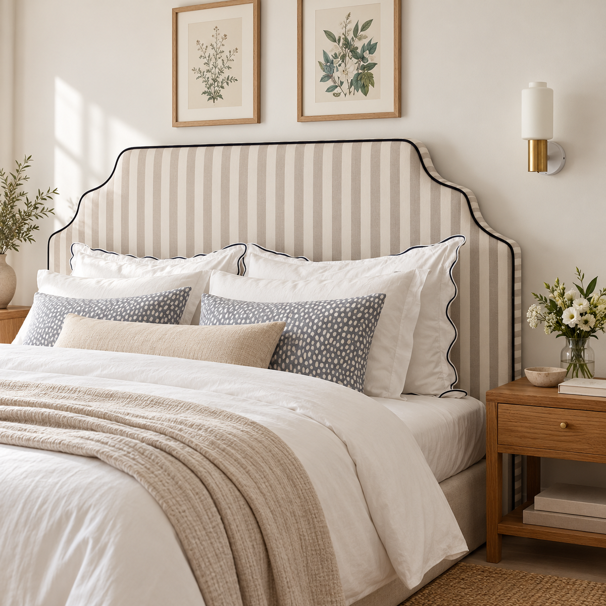 Respaldo de cama a rayas en dormitorio minimalista