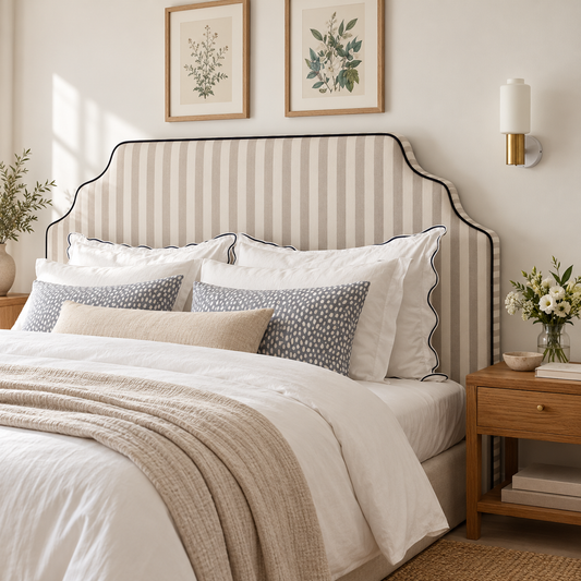 Respaldo de cama a rayas en dormitorio minimalista