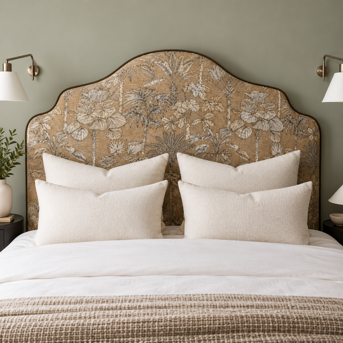 Respaldo de cama estampado en dormitorio frontal