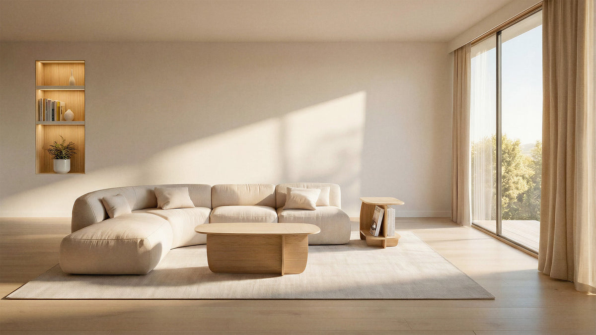 Living contemporáneo en tonos neutros con sofá beige y mesa de madera