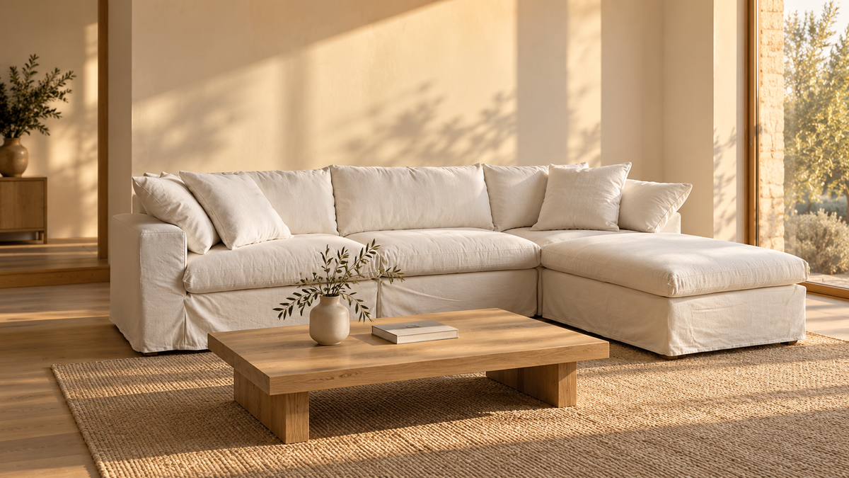Sofá modular color marfil en un living minimalista de tonos naturales