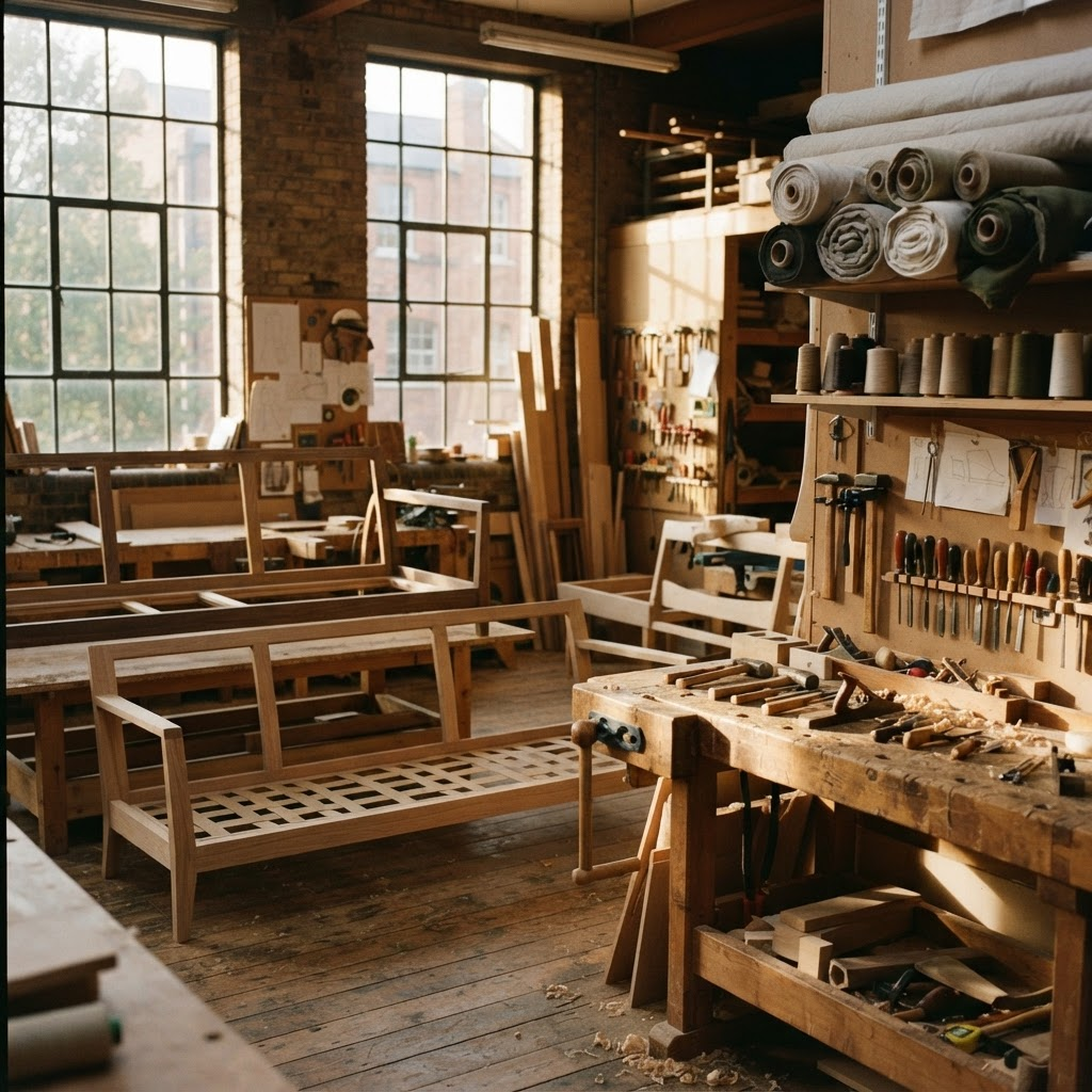 Interior del taller de Muebles Concordia con estructuras de sofá y rollos de lino