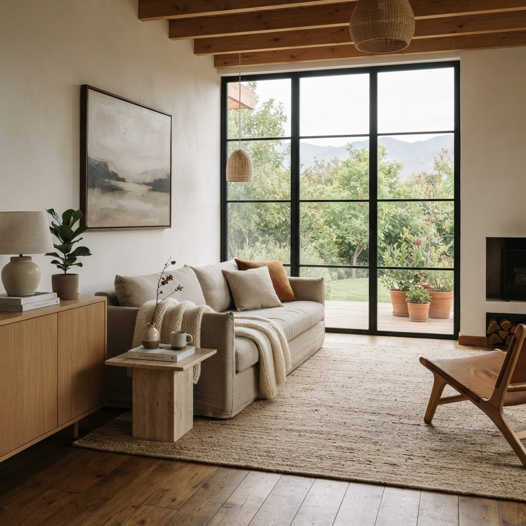 Sofá Alicia en una sala luminosa con piso de roble